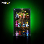 KGBOX standard square acrylic display case for LEGO 71053 Shrek minifigures with build, front view, UV-printed swamp backdrop