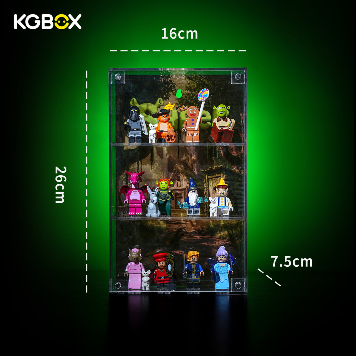 LEGO 71053 Shrek minifigures standard display case dimensions 16 x 26 x 7.5 cm