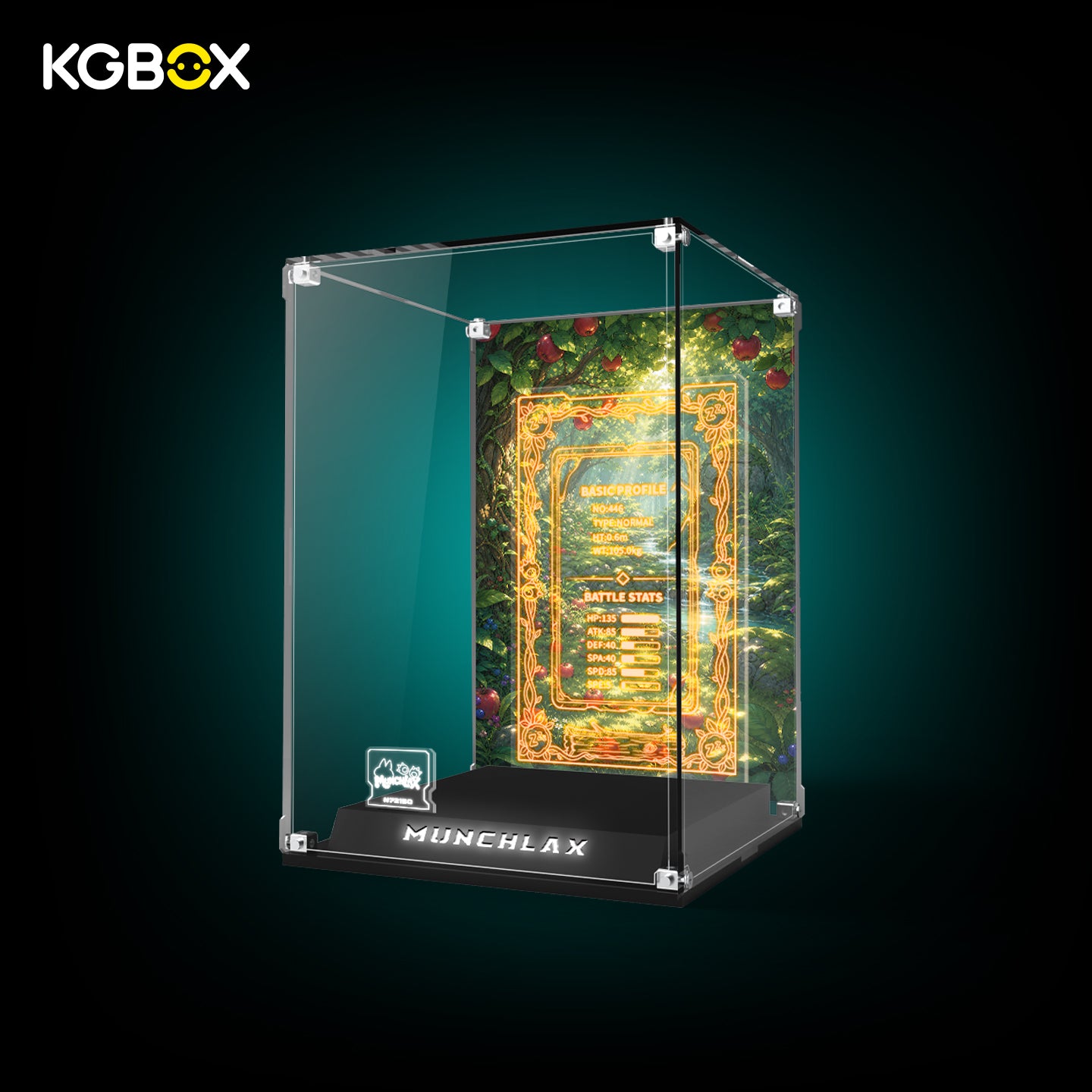 KGBOX collector display case for LEGO 72150 Munchlax with light-up raised base and laser-engraved plates