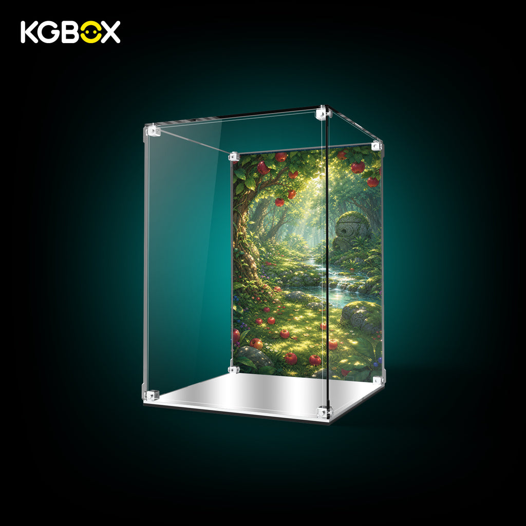 KGBOX standard display case for LEGO 72150 Munchlax with mirror base and UV-printed backdrop