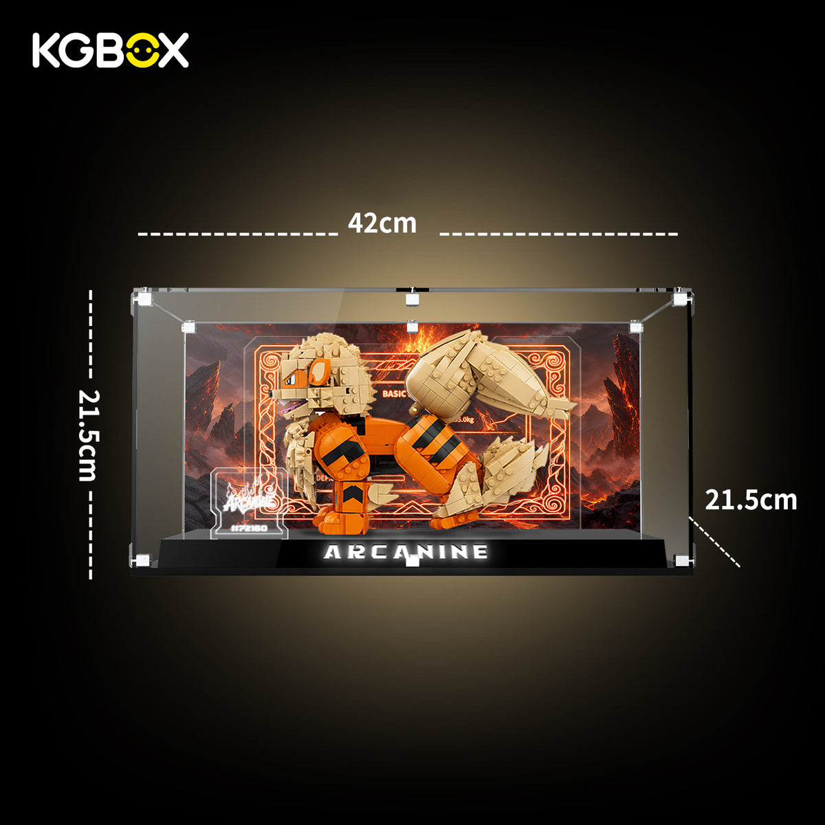 LEGO 72160 Arcanine collector display case dimensions 42 x 21.5 x 21.5 cm with raised light-up base