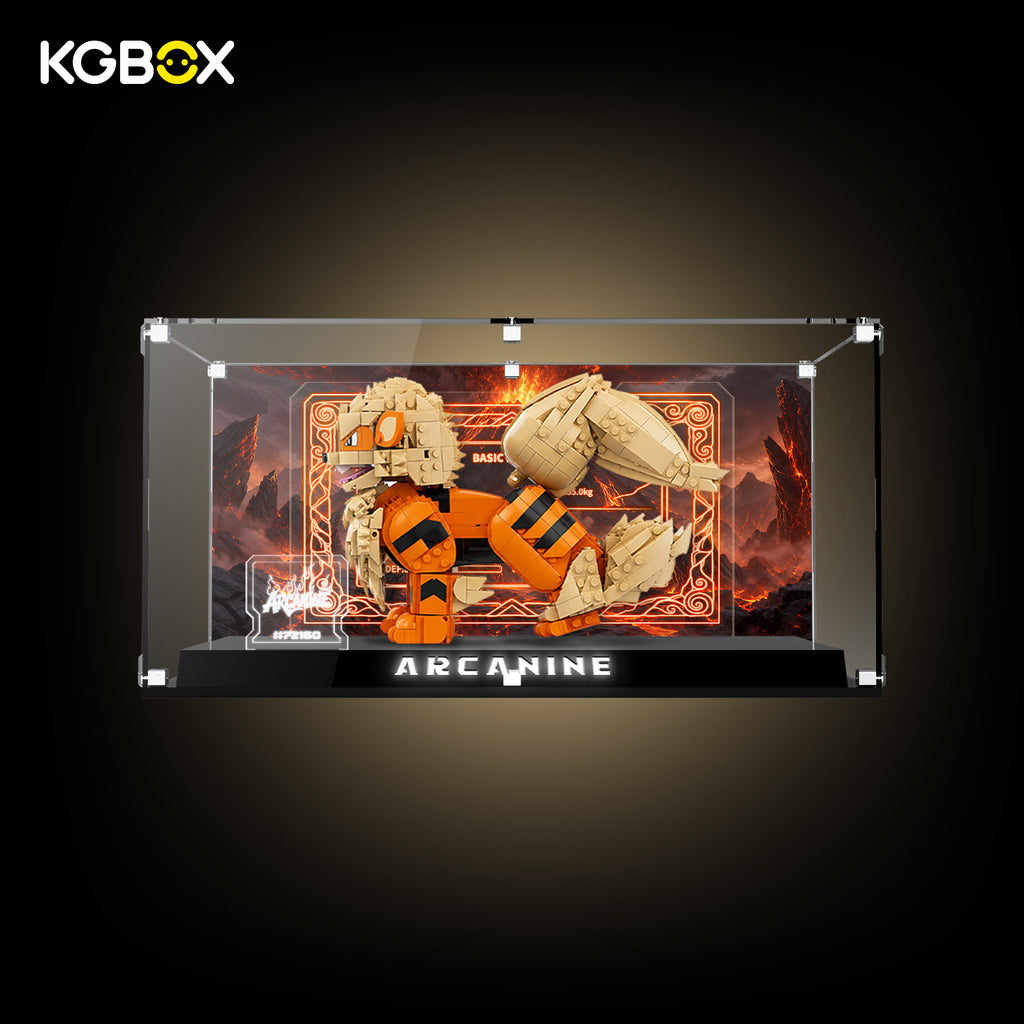 KGBOX collector display case for LEGO 72160 Arcanine with light-up raised base and laser-engraved plates