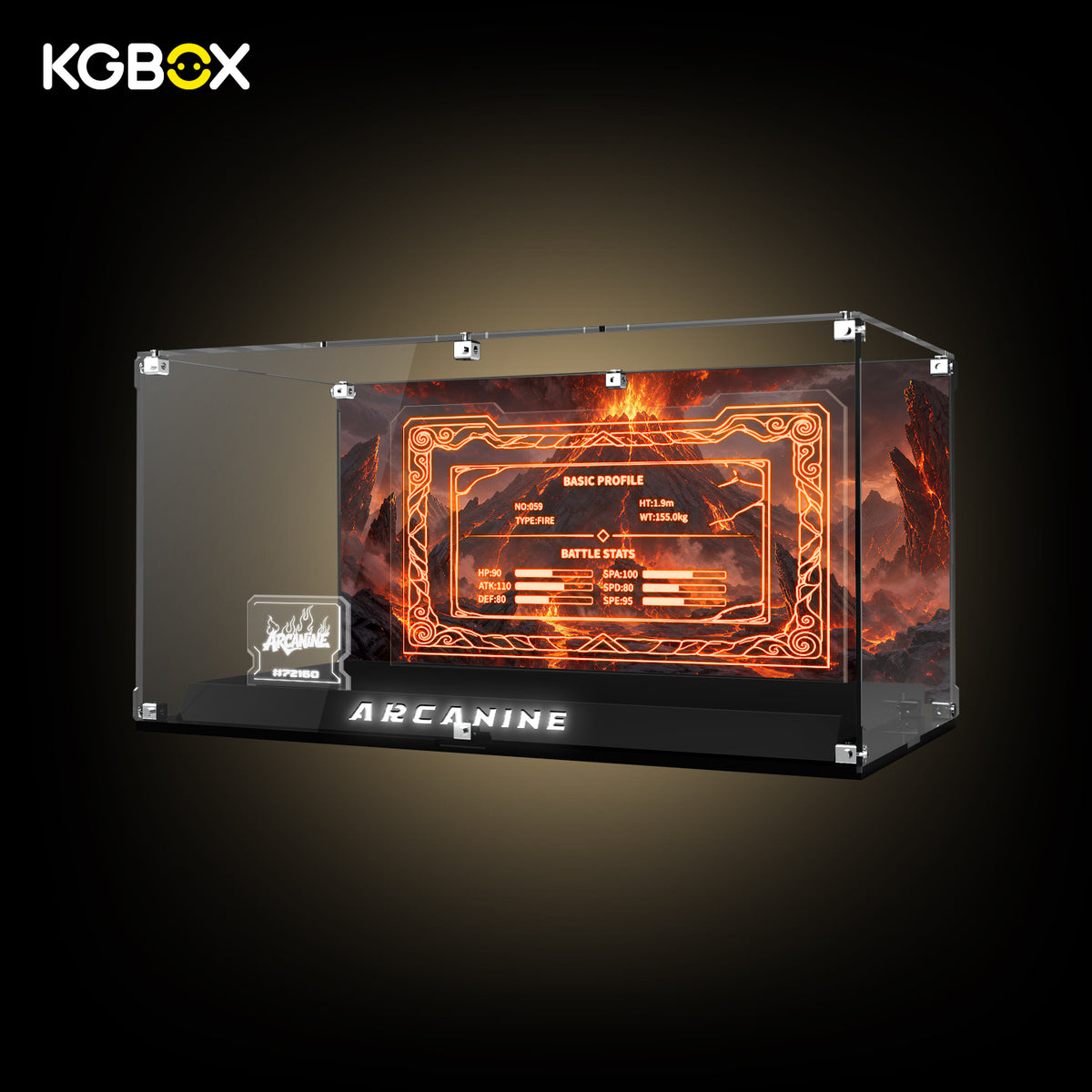 KGBOX collector display case for LEGO 72160 Arcanine - side view with light-up raised base and laser-engraved plates