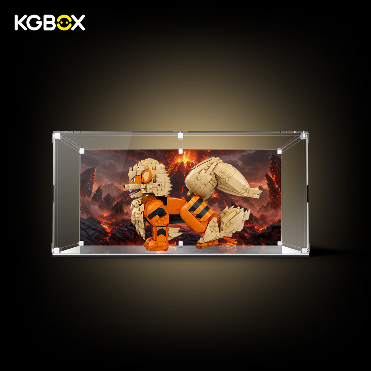 KGBOX standard display case for LEGO 72160 Arcanine with UV backdrop and mirror base