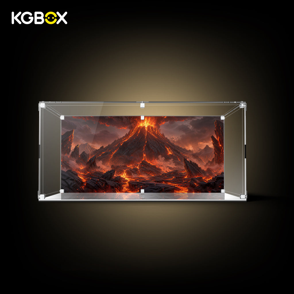 KGBOX standard display case for LEGO 72160 Arcanine - side view with UV-printed backdrop and mirror base