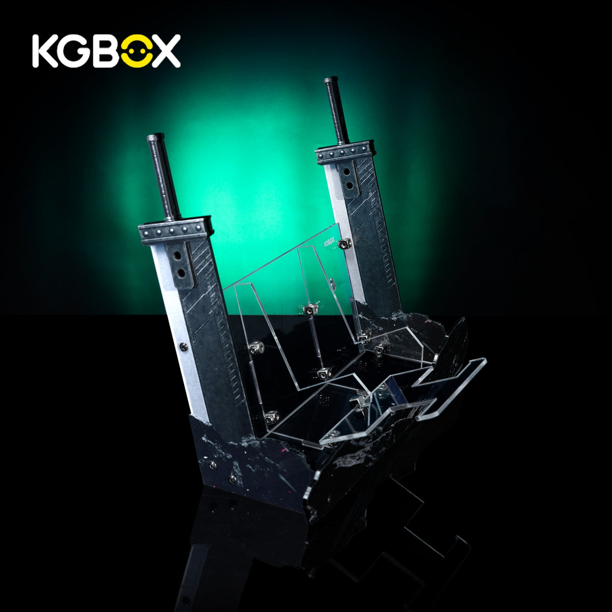 KGBOX Sci-Fi Fantasy display stand close-up, black sword pillar riveted cross-guard and acrylic bracket detail