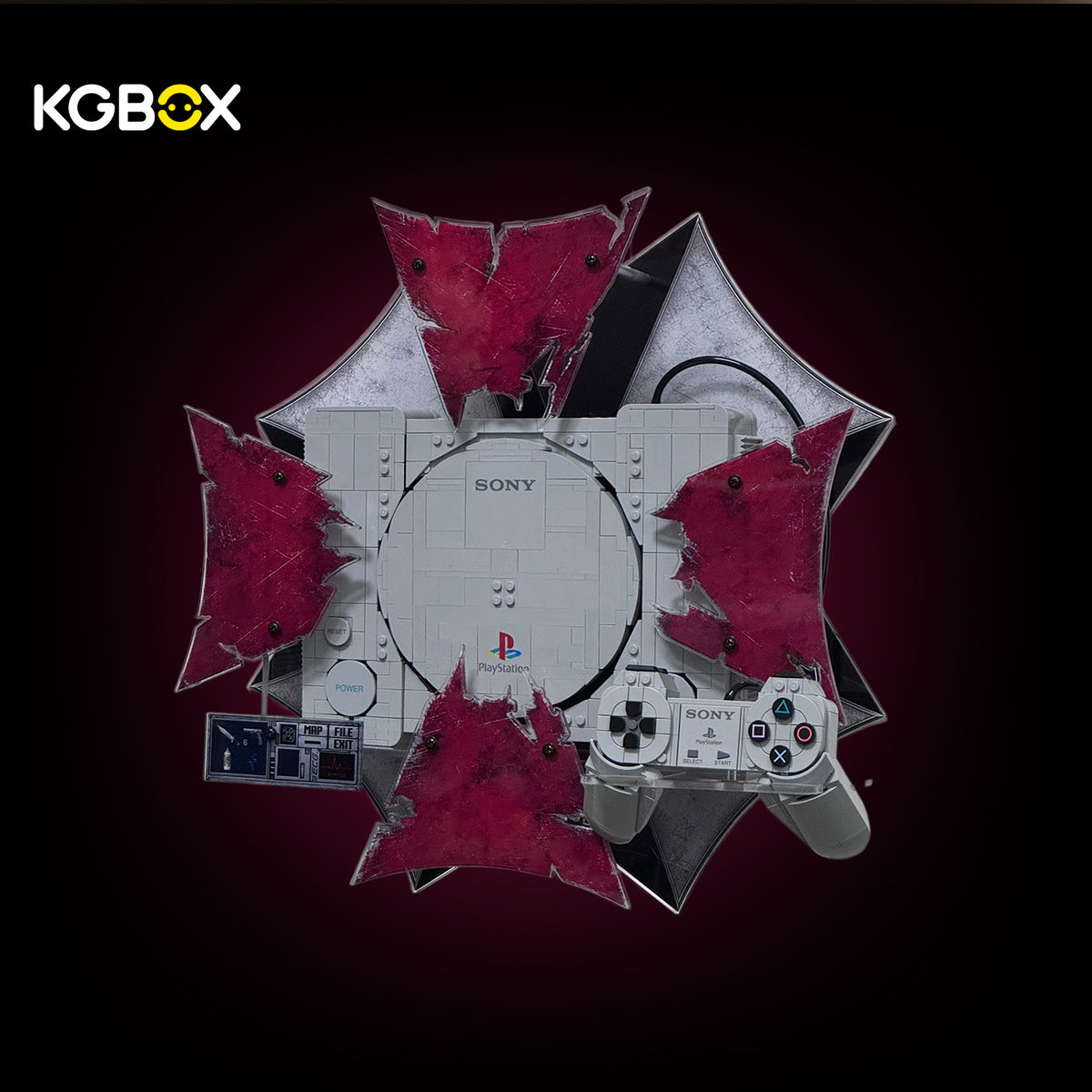 KGBOX survival horror theme display board angle view, showing UV-printed HUD panel and distressed metal texture