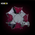 KGBOX PS1 themed wall display close-up, red shattered shards and acrylic controller mount