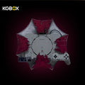 KGBOX themed wall display for LEGO 72306 PlayStation 1, umbrella-inspired fractured star design with red shards and controller stand