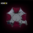 KGBOX themed wall display for LEGO 72306 PlayStation 1, umbrella-inspired fractured star design with red shards and controller stand