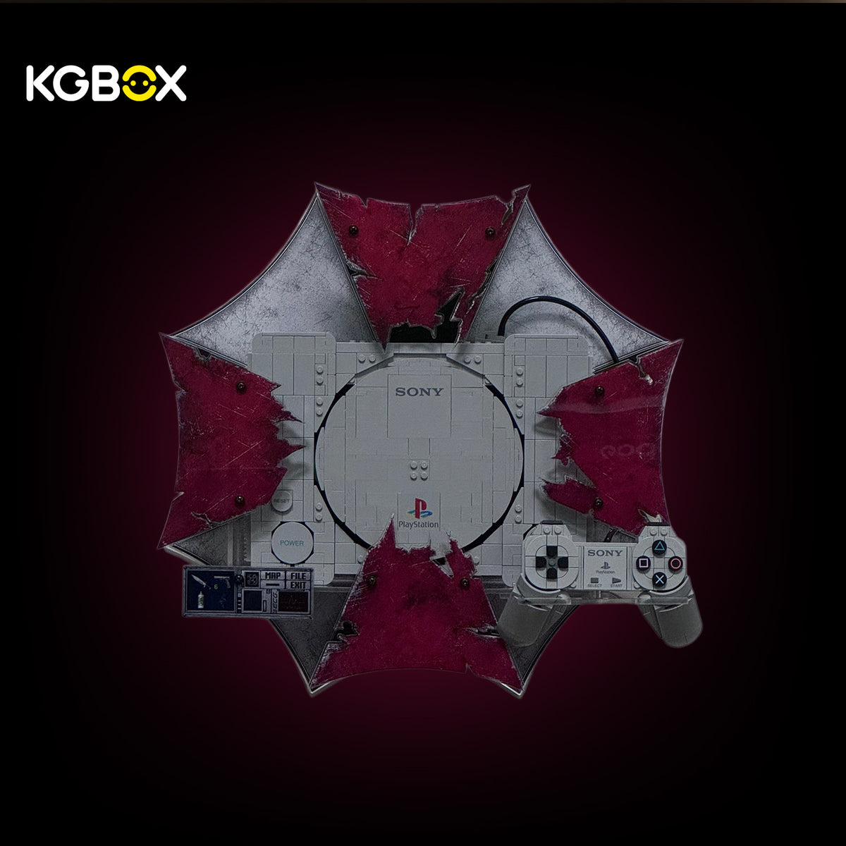 KGBOX themed wall display for LEGO 72306 PlayStation 1, umbrella-inspired fractured star design with red shards and controller stand