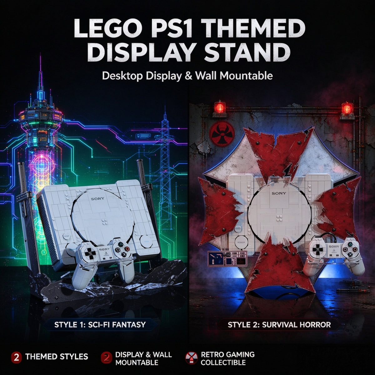 KGBOX themed display stand for LEGO 72306 PS1, two styles: Sci-Fi Fantasy double-sword and Survival Horror crimson star