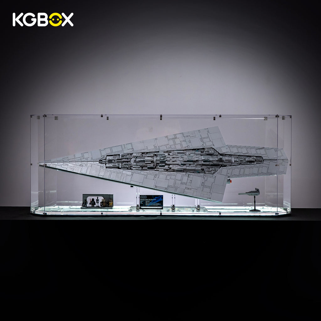 LEGO 75457 Executor Super Star Destroyer in KGBOX gem-shaped LED-lit acrylic display case, front view – KGBOX