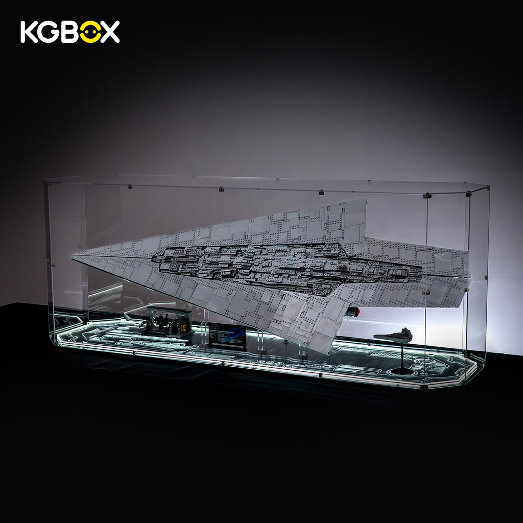 LEGO 75457 Executor Super Star Destroyer in KGBOX LED-lit display case, side view showing lit base – KGBOX