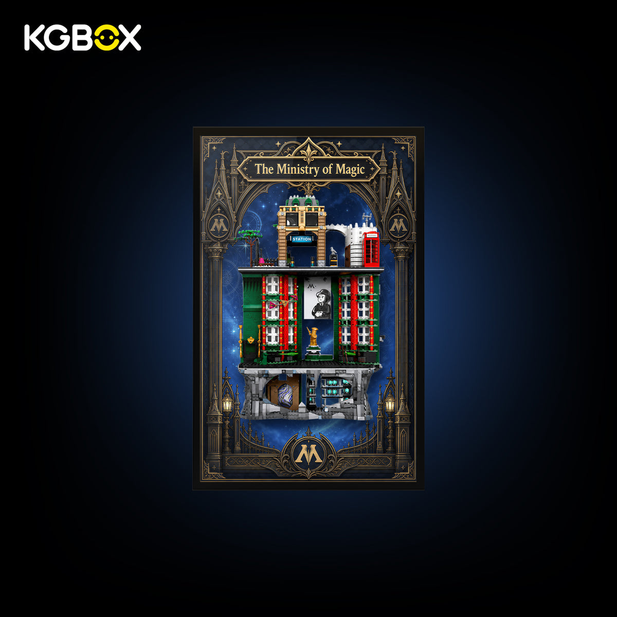 KGBOX standard wall display board for LEGO 76476 The Ministry of Magic with build and UV-printed backdrop