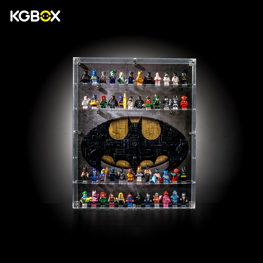 KGBOX acrylic display case for LEGO DC minifigures with build and LEGO 76330 set on 6 shelves, bat-emblem UV backdrop
