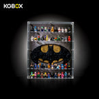 KGBOX acrylic display case for LEGO DC minifigures with build and LEGO 76330 set on 6 shelves, bat-emblem UV backdrop