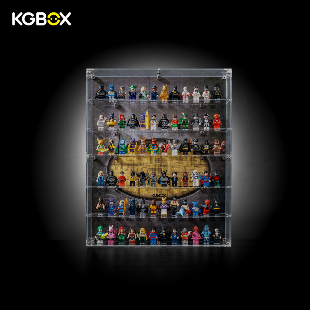 KGBOX acrylic display case for LEGO DC minifigures with minifigure build on 6 shelves, bat-emblem UV backdrop
