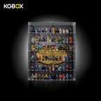 KGBOX acrylic display case for LEGO DC minifigures with minifigure build on 6 shelves, bat-emblem UV backdrop