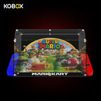 KGBOX clear acrylic display case for LEGO 72037 Mario Kart Mario & Standard Kart - front view of empty case with handheld-console design and red blue controller accents