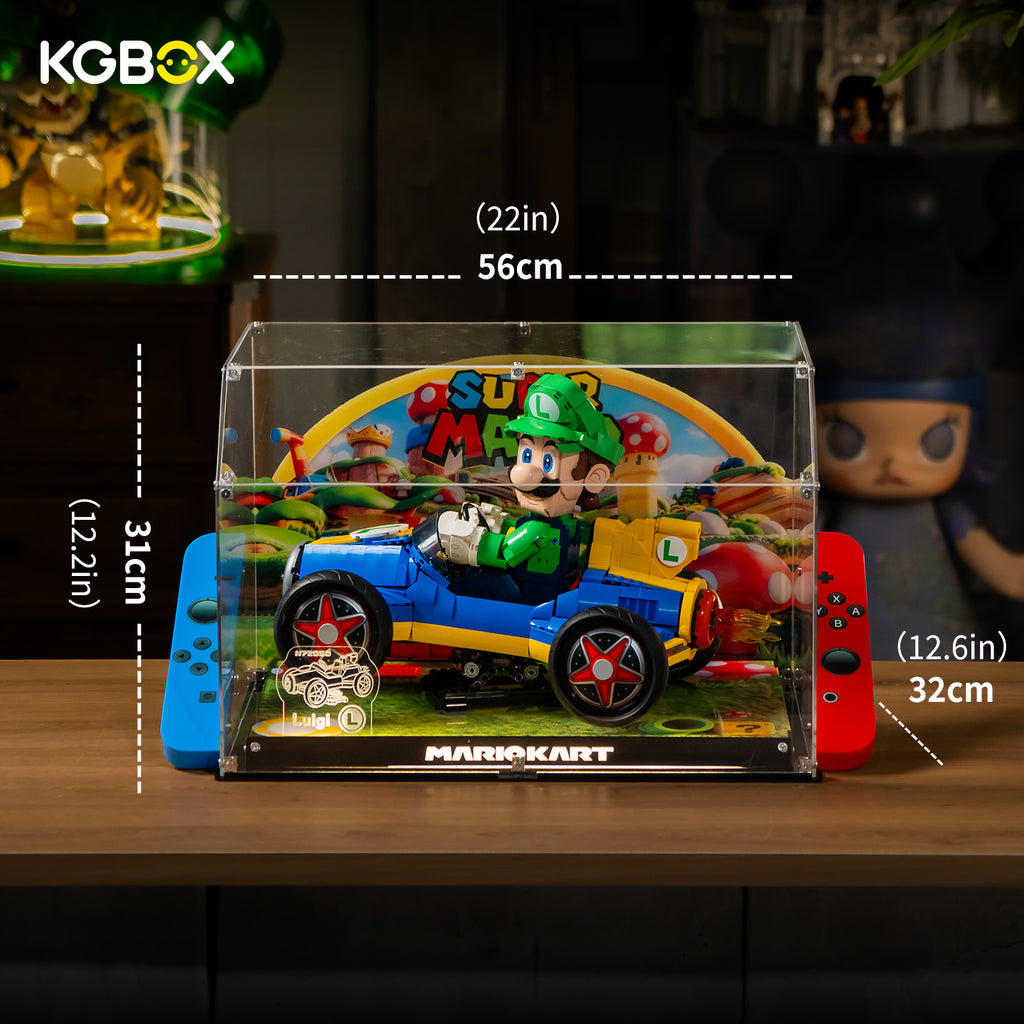 KGBOX display case for LEGO 72050 Mario Kart Luigi Mach 8 - dimension diagram 56 x 32 x 31 cm (22.05 x 12.60 x 12.20 in)