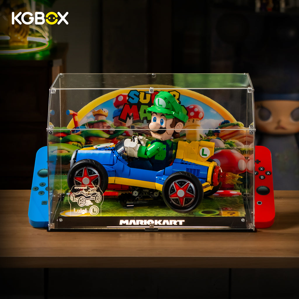 KGBOX clear acrylic display case for LEGO 72050 Mario Kart Luigi Mach 8 with Luigi Mach 8 set displayed inside - front view handheld-console design