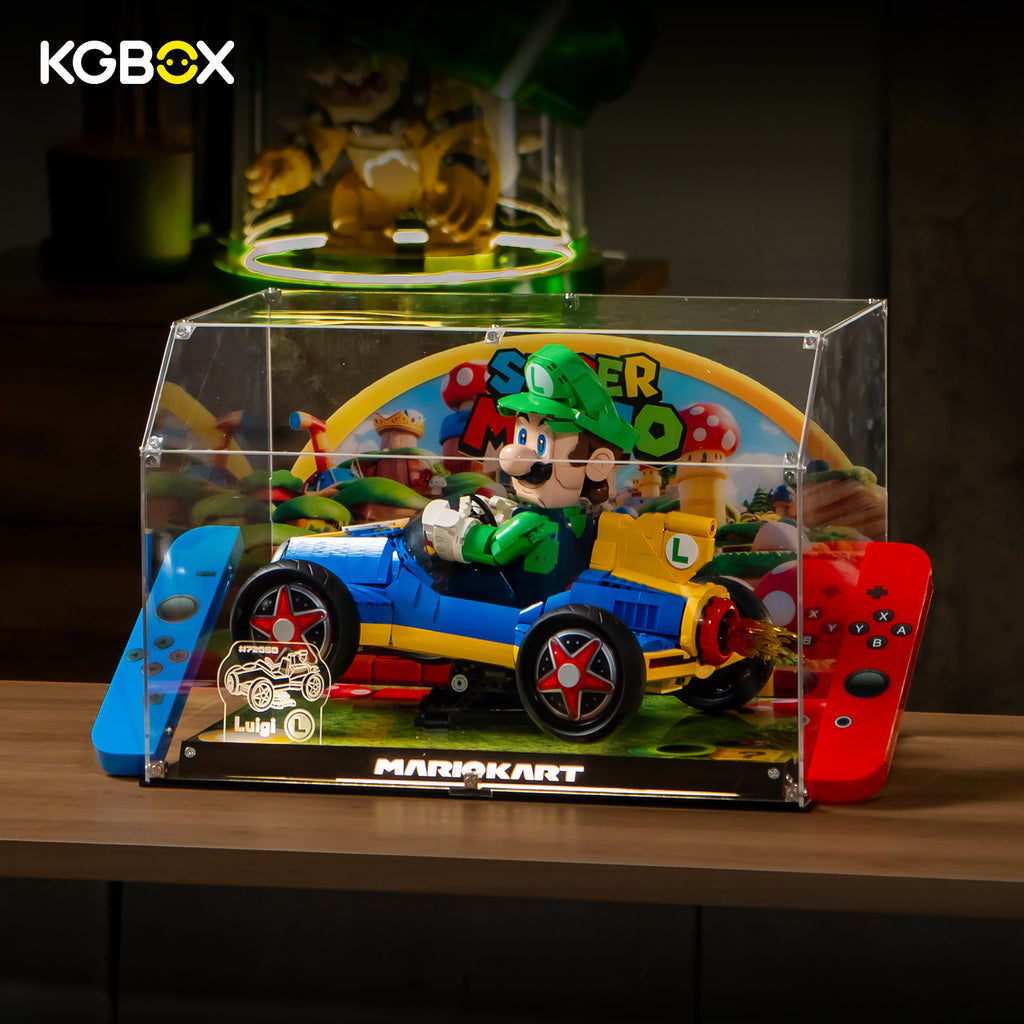 KGBOX acrylic display case for LEGO 72050 Mario Kart Luigi Mach 8 with set displayed inside - side view showing 3mm clear acrylic panels and depth