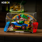 KGBOX acrylic display case for LEGO 72050 Mario Kart Luigi Mach 8 with set displayed inside - side view showing 3mm clear acrylic panels and depth