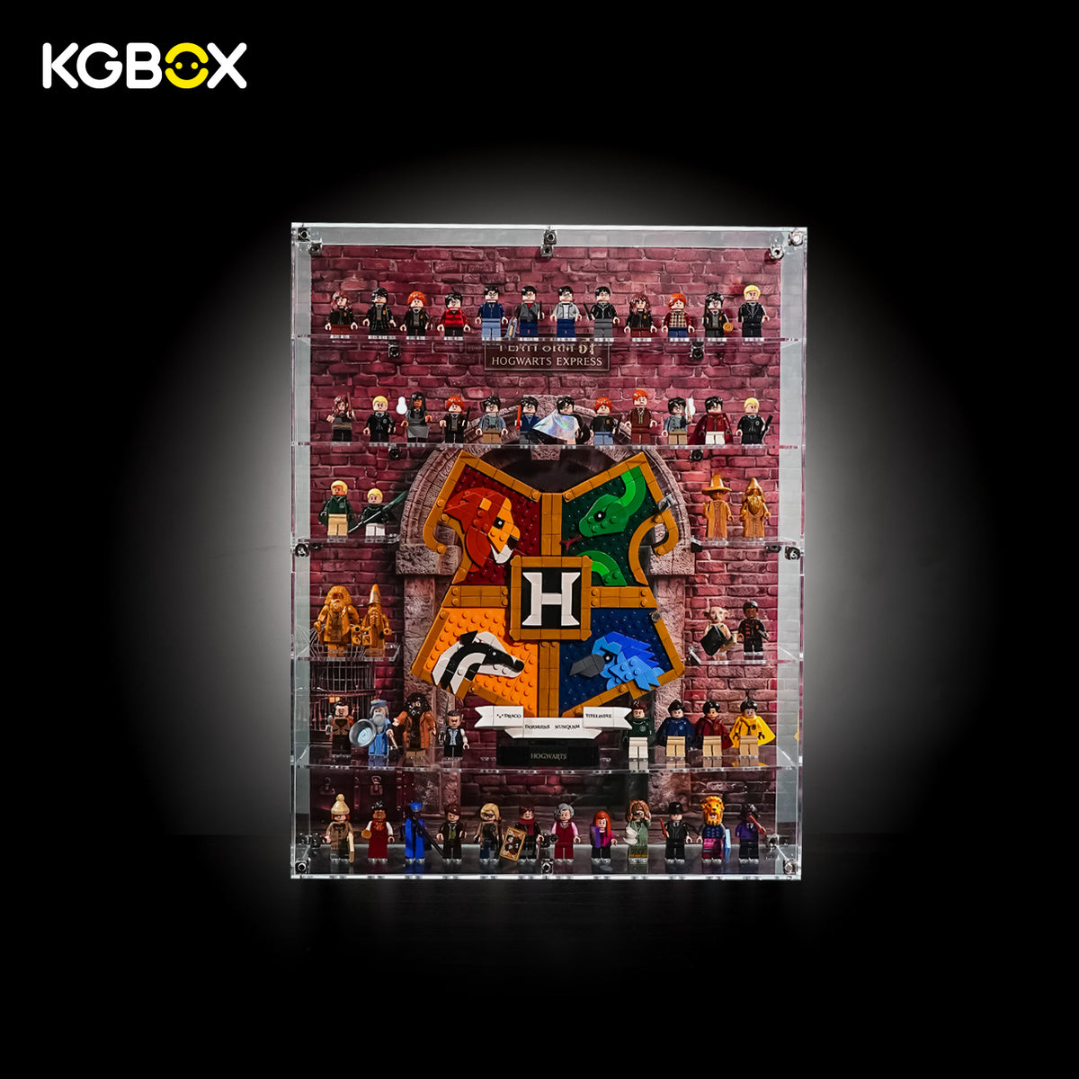 KGBOX acrylic display case for LEGO Harry Potter minifigures with build and LEGO 76462 set on 6 shelves, Hogwarts Express UV backdrop