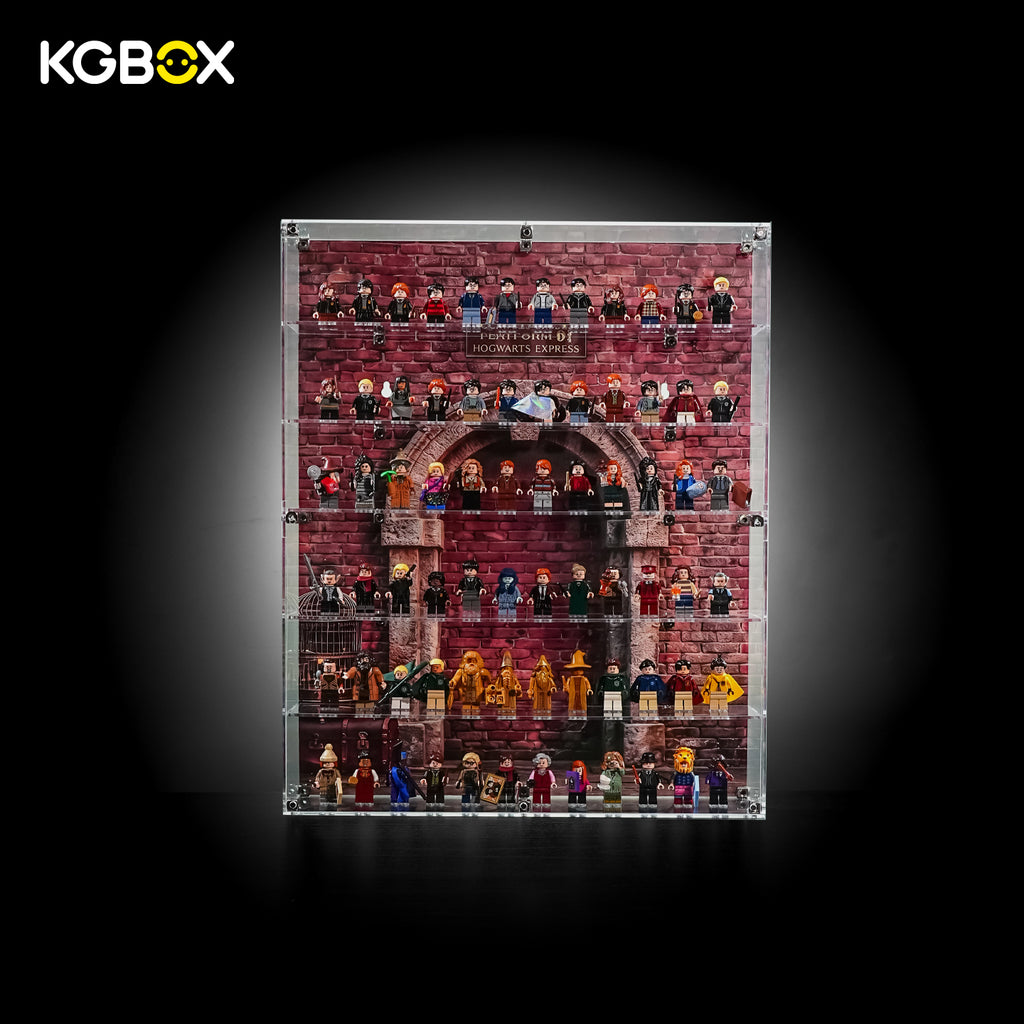 KGBOX acrylic display case for LEGO Harry Potter minifigures with minifigure build on 6 shelves, Platform UV backdrop