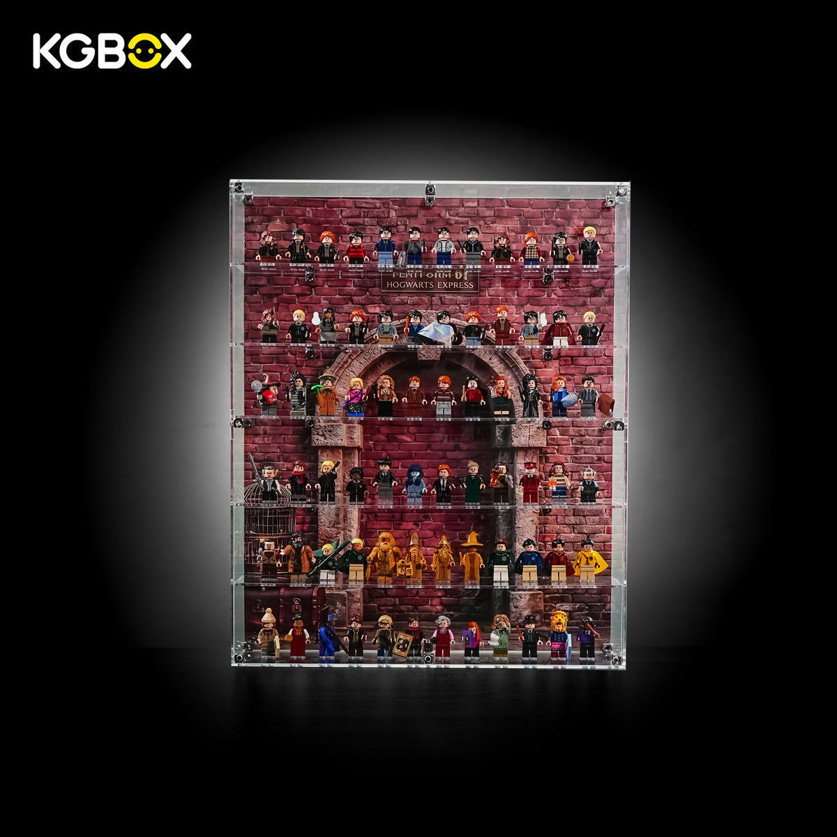 KGBOX acrylic display case for LEGO Harry Potter minifigures with minifigure build on 6 shelves, Platform UV backdrop