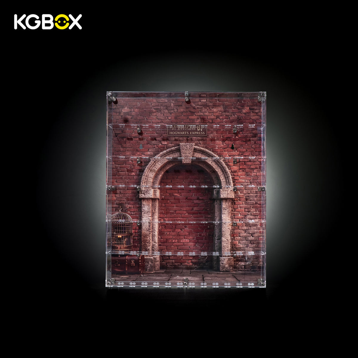 KGBOX clear acrylic display case for LEGO Harry Potter minifigures , empty 6-shelf case with brick archway backdrop