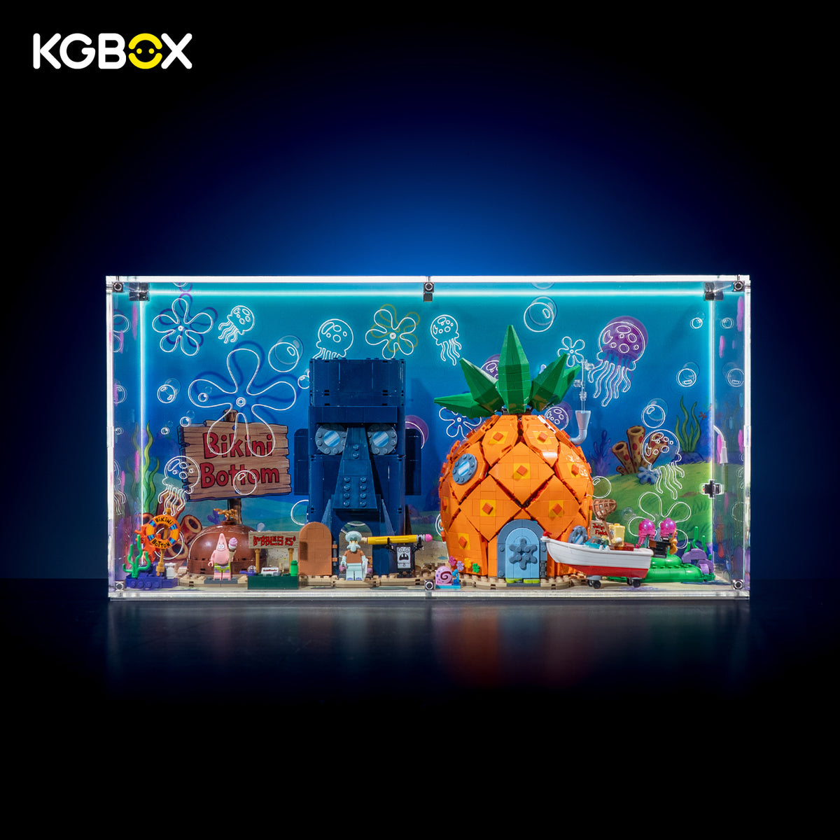 KGBOX Thickened 5mm display case for LEGO 11386 SpongeBob SquarePants: Bikini Bottom with LEGO builds inside – wall-mountable, UV-printed back/bottom/side panels