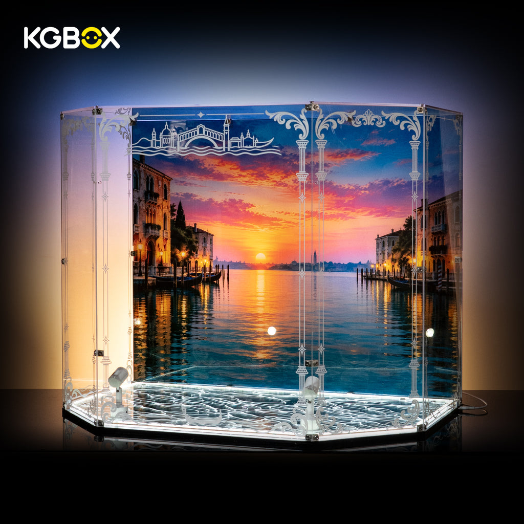 LEGO 11388 Venetian Neighbourhood gem display case, empty side view with ornate UV panels – KGBOX