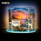 LEGO 11388 Venetian Neighbourhood gem display case with build, front view, lighted – KGBOX