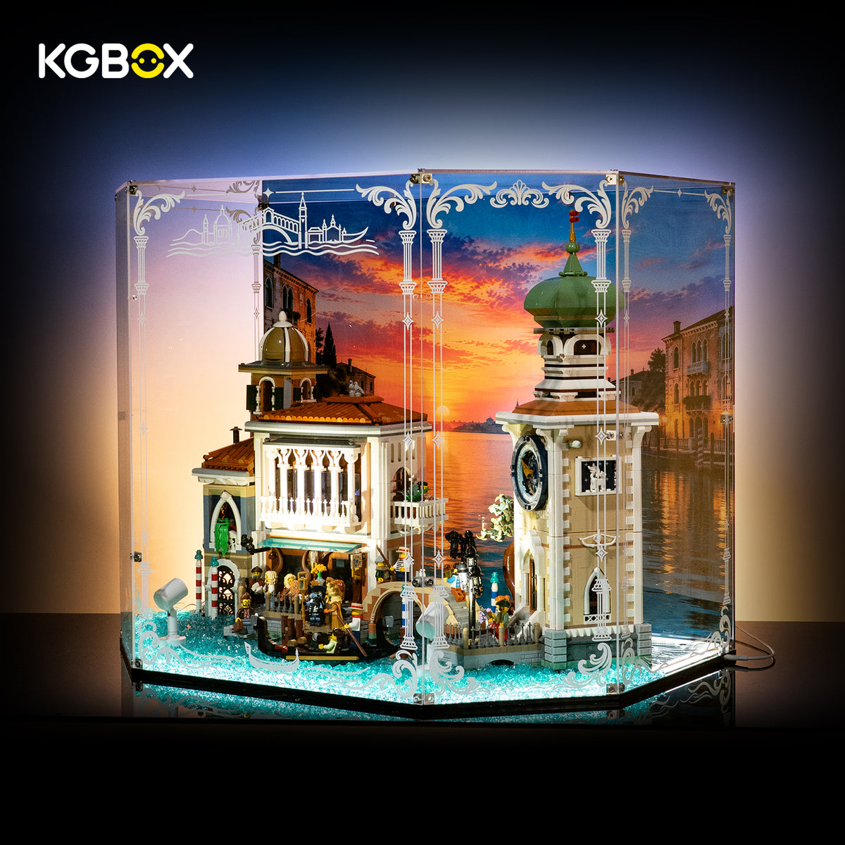 LEGO 11388 Venetian Neighbourhood gem display case with build, side view – KGBOX