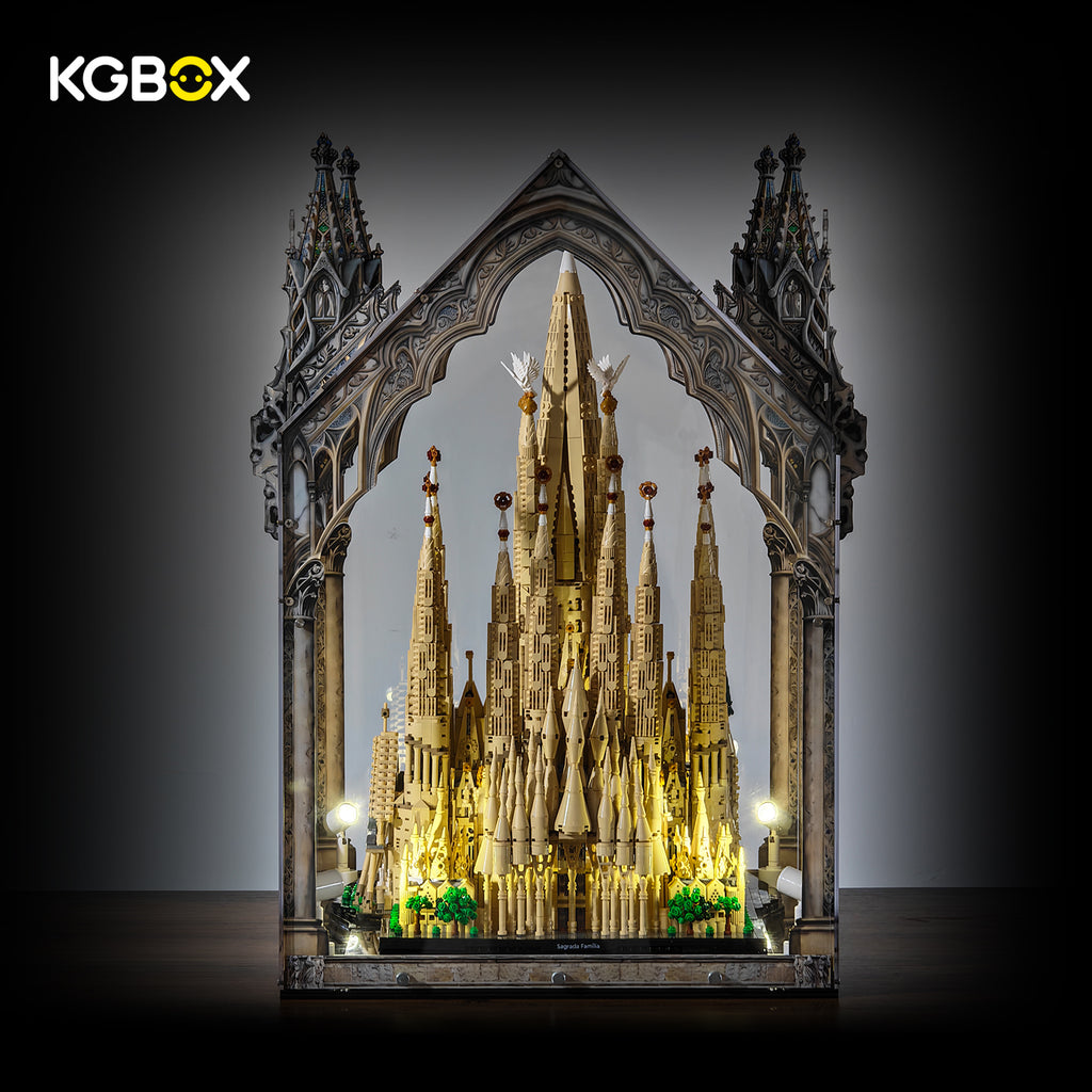 LEGO 21065 Sagrada Familia cathedral top display case with build, side view – KGBOX