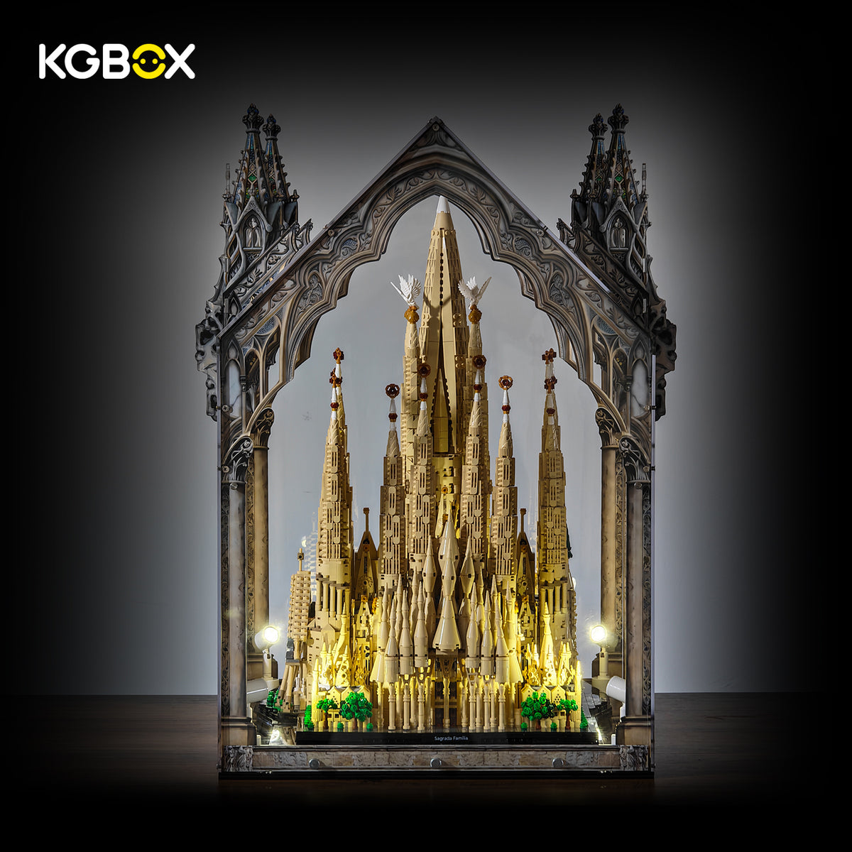 LEGO 21065 Sagrada Familia cathedral top display case with build, side view – KGBOX