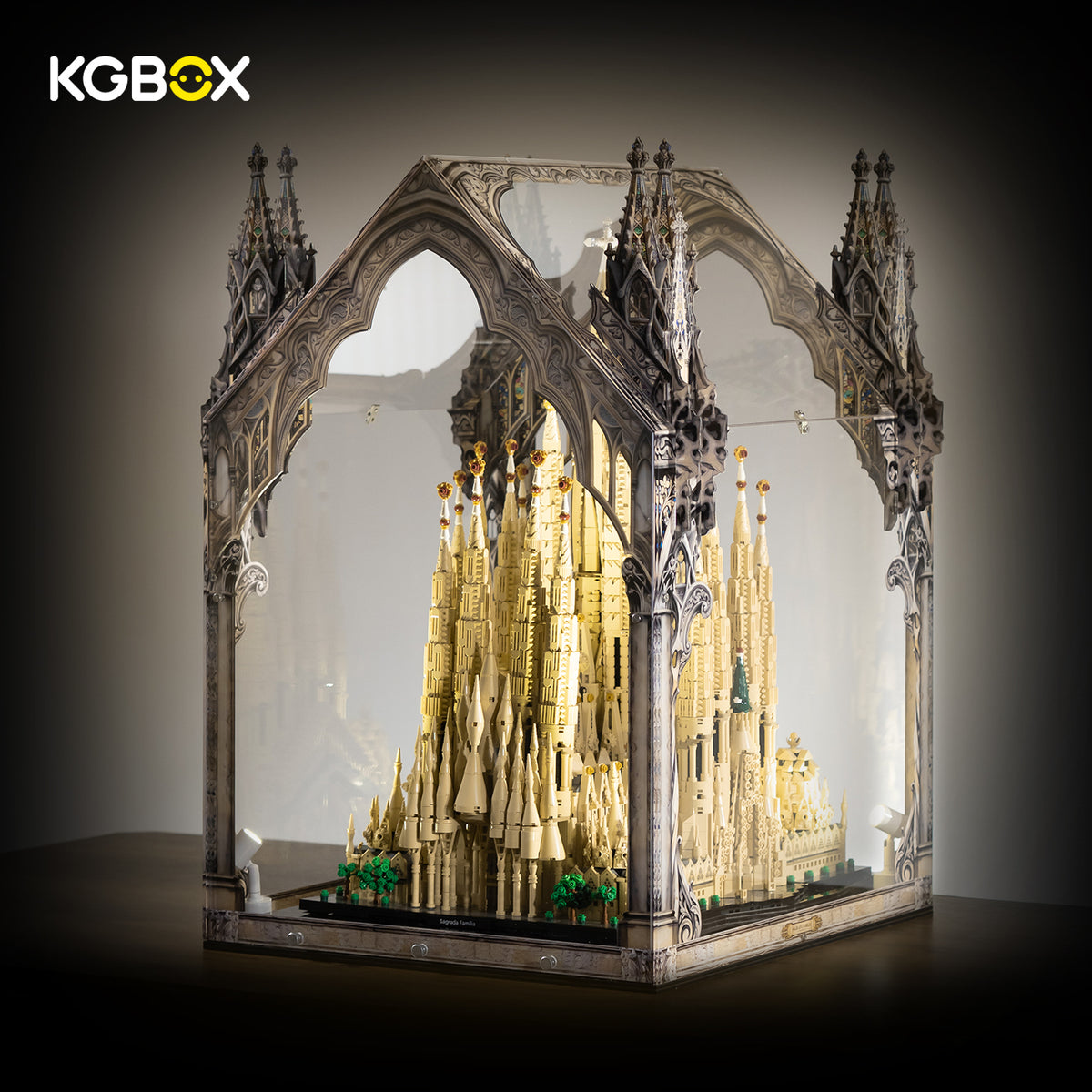 LEGO 21065 Sagrada Familia cathedral top display case with build, side view – KGBOX.