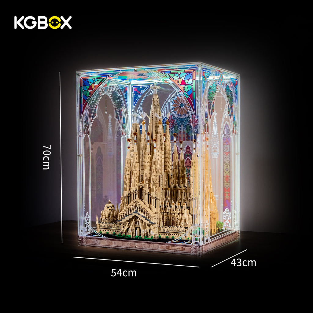 LEGO 21065 Sagrada Familia prismatic laser-engraved display case dimensions, 54 × 43 × 70 cm – KGBOX.