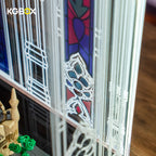 LEGO 21065 Sagrada Familia prismatic laser-engraved display case detail with gothic stained-glass pattern and build pieces – KGBOX
