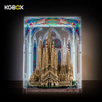 LEGO 21065 Sagrada Familia prismatic laser-engraved display case with build, front view, lighted – KGBOX.