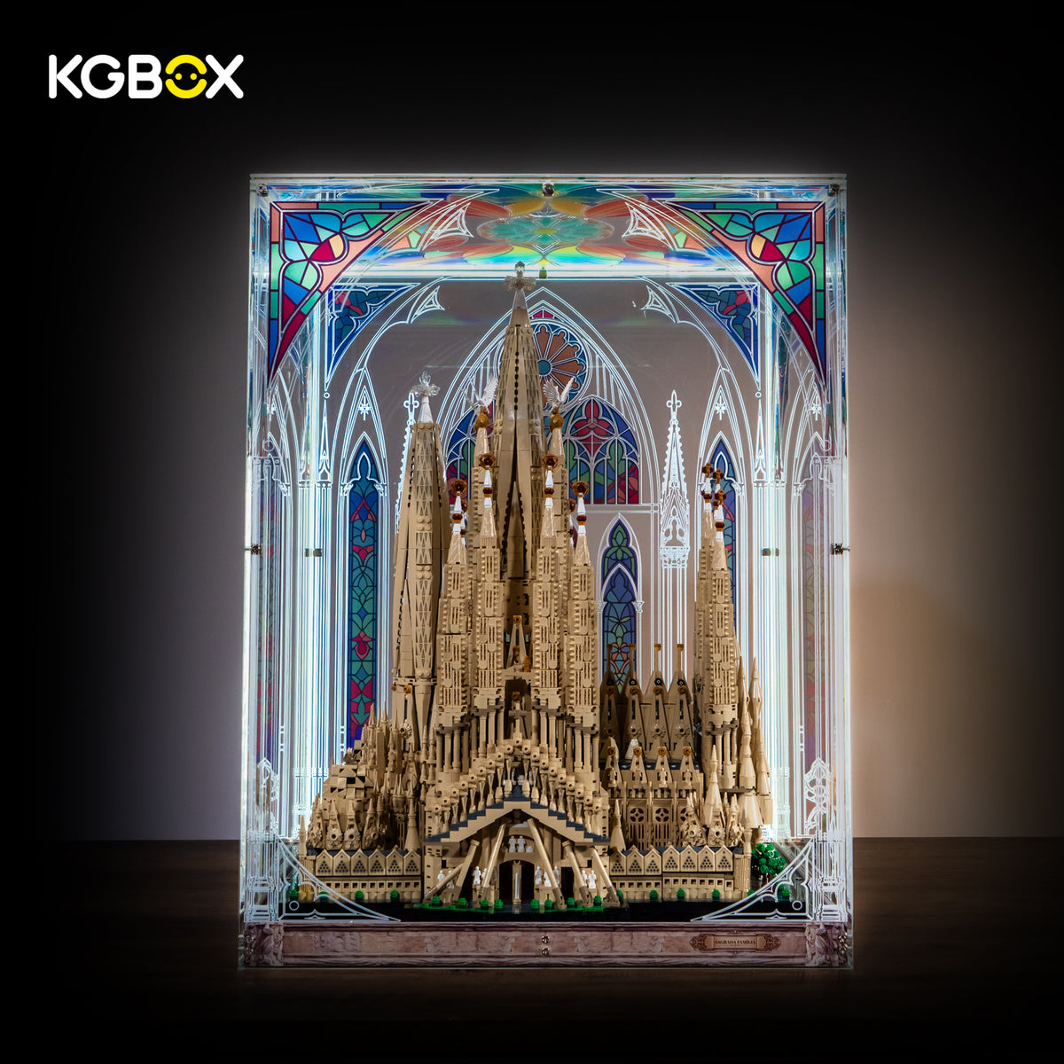 LEGO 21065 Sagrada Familia prismatic laser-engraved display case with build, front view, lighted – KGBOX.