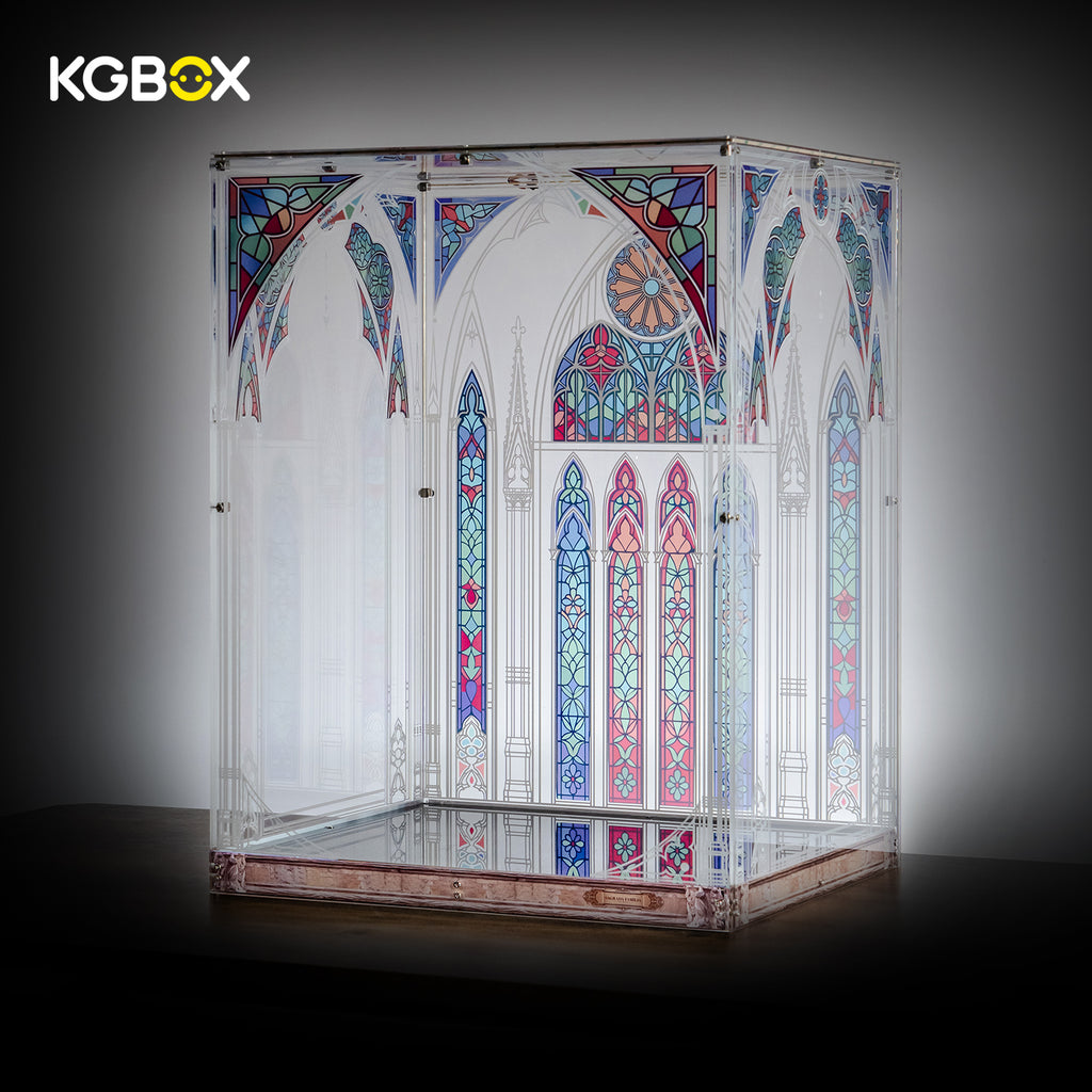 LEGO 21065 Sagrada Familia standard display case, empty side view with gothic stained-glass print – KGBOX