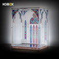 LEGO 21065 Sagrada Familia standard display case, empty side view with gothic stained-glass print – KGBOX