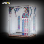 LEGO 21065 Sagrada Familia standard display case, empty side view with gothic stained-glass print – KGBOX