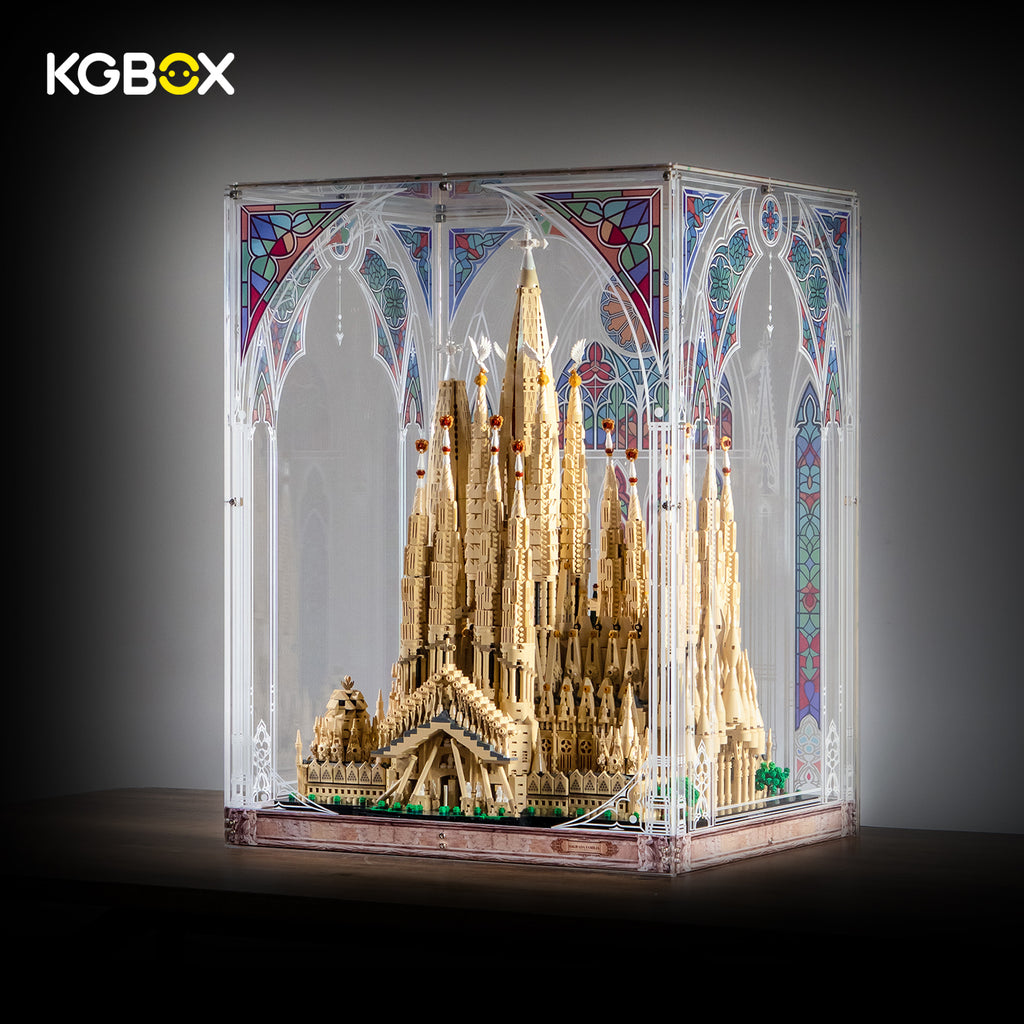 LEGO 21065 Sagrada Familia standard display case with build, side view – KGBOX