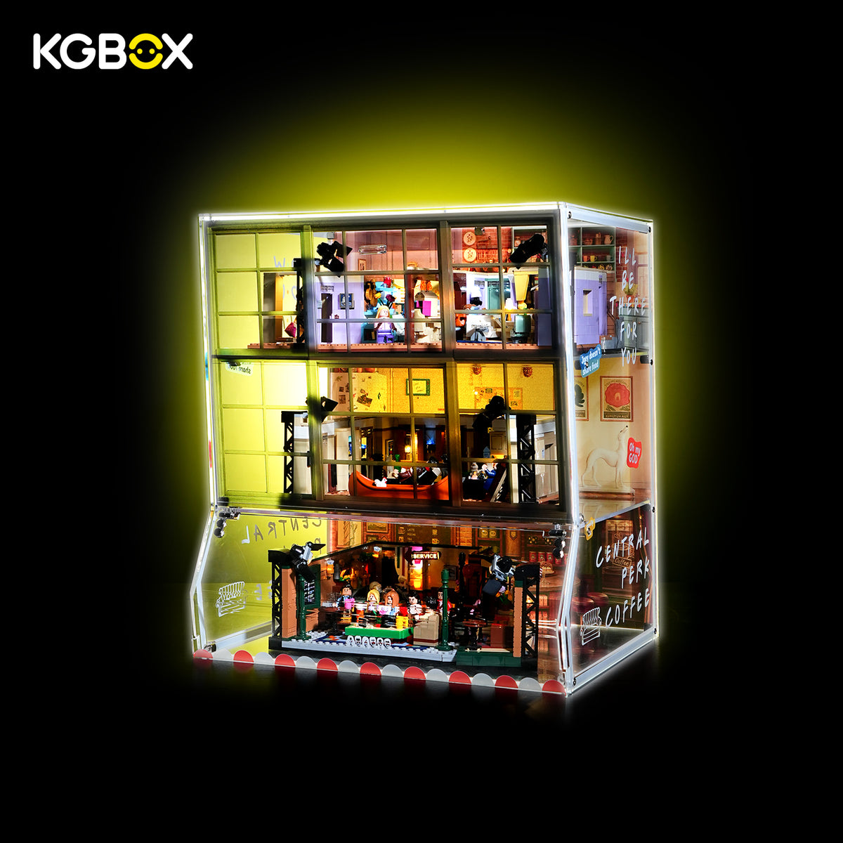 LEGO 21319 Central Perk 10292 The Friends Apartments LED display case, full angled view – KGBOX