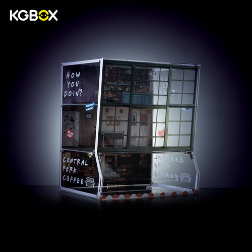 LEGO 21319 10292 Central Perk Friends Apartments display case with UV print, front view – KGBOX
