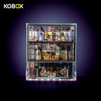 KGBOX 3-tier display case for LEGO 21319 Central Perk and 10292 The Friends Apartments with builds inside – window-style magnetic front, hinged café door, UV-printed quotes